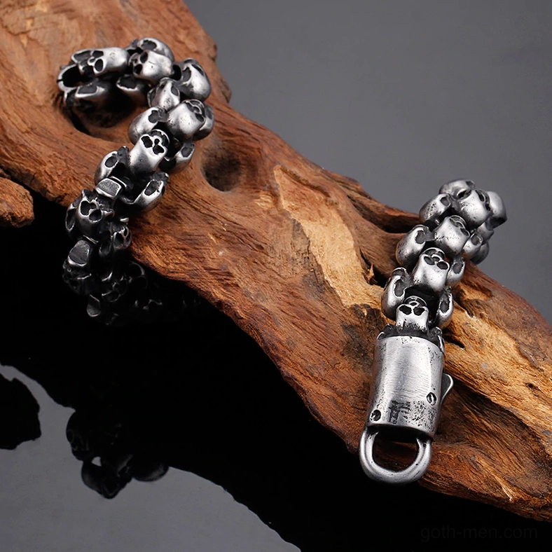 Gothic memento mori skull bracelet photographed in natural light showing authentic finish