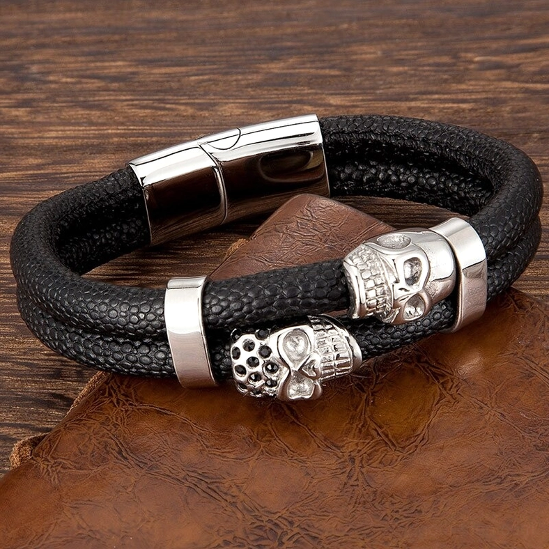 Memento mori inspired men's magnetic skull bracelet with quality stainless steel hardware and genuine leather construction
