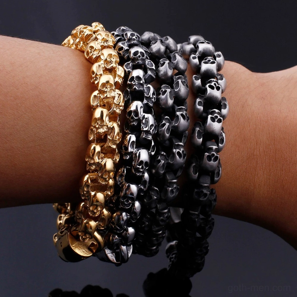 Full length view of gothic memento mori skull bracelet chain displayed flat on white background