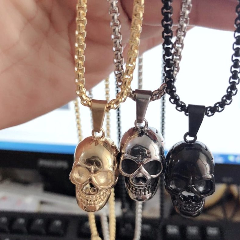 Stainless steel skull necklace demonstrating durable construction and memento mori symbolism for goth aesthetic