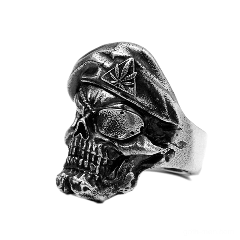 Men's gothic skull ring right side three-quarter angle showing metal band texture and aged silver finish