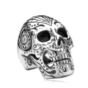 316L stainless steel gothic skull ring with ornate floral engravings, silver polished finish, overhead front view