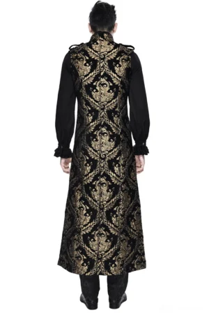 Ornate gold embroidered sleeveless gothic coat back view on male model showing full damask pattern