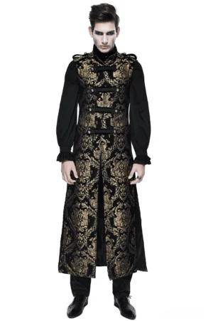 Men's gold damask embroidered sleeveless gothic coat worn by model front view with traditional frog buttons