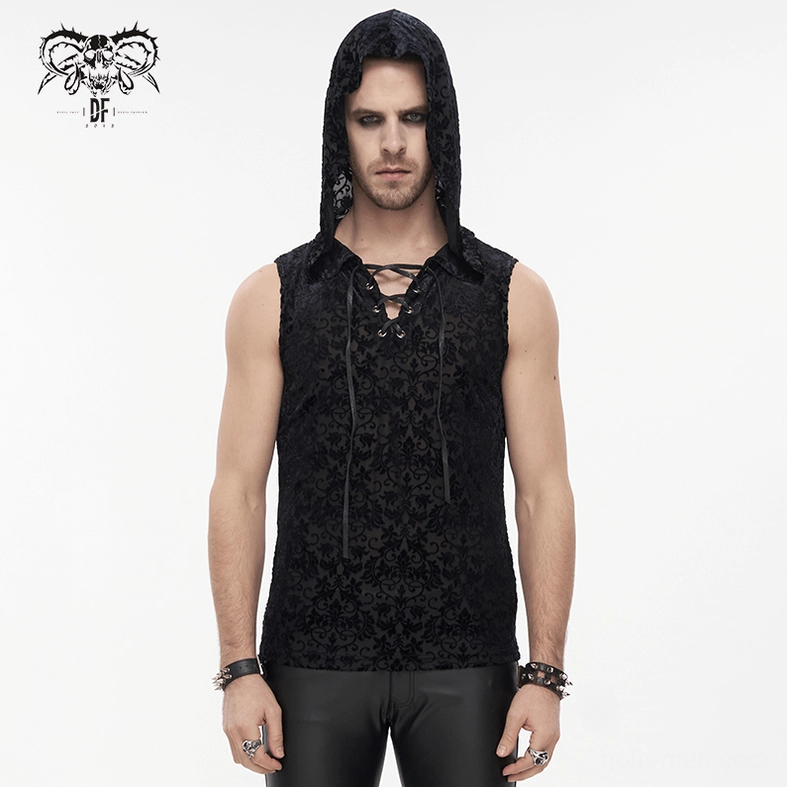 Men's gothic hooded tank top with lace-up chest detail and punk accessories, front view with raised hood
