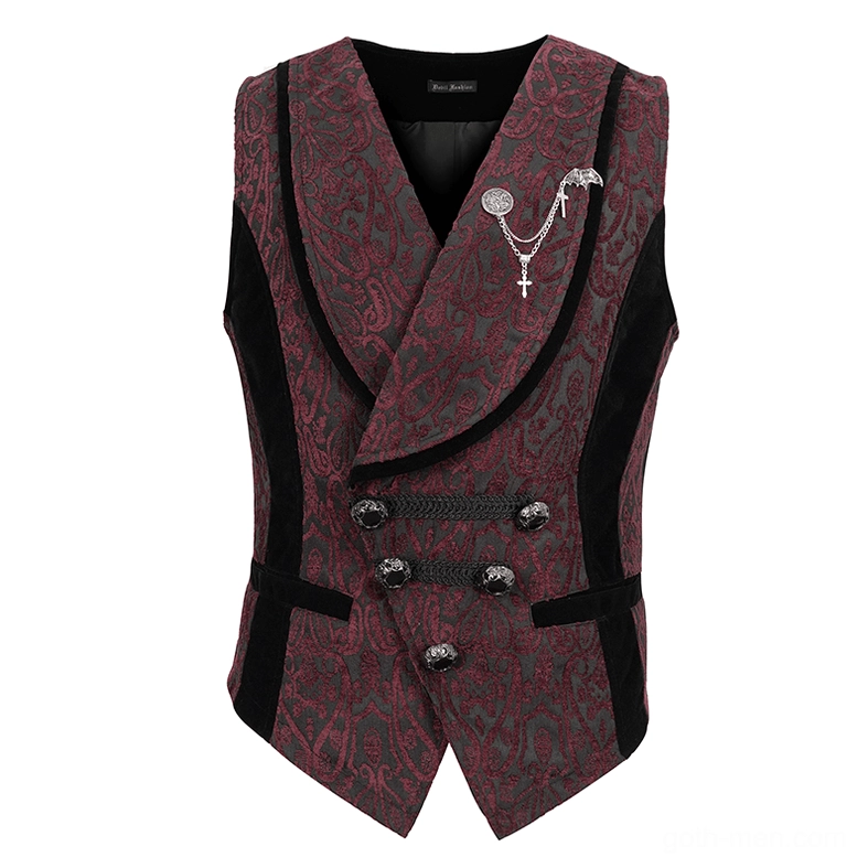 Men's gothic waistcoat flat front display with decorative gothic bat-wing cross brooch and damask jacquard fabric detail