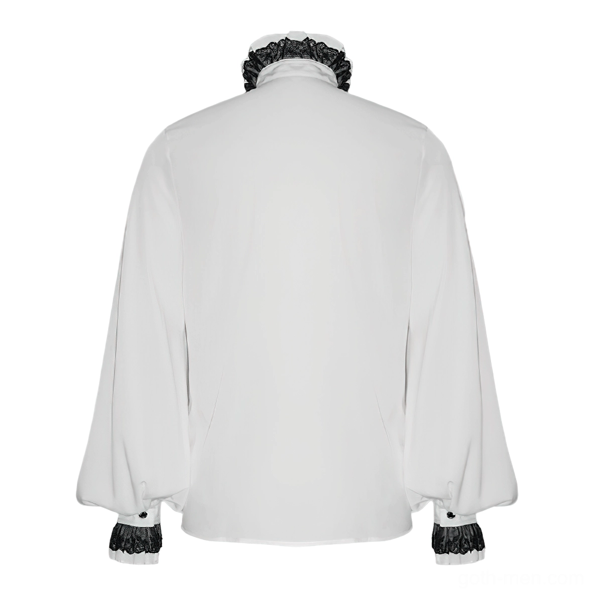 White gothic romantic shirt for men with bishop sleeves and black lace cuffs - rear mannequin view