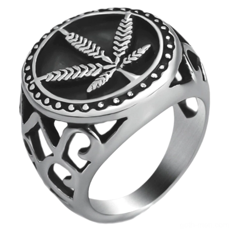 Oxidized silver hemp leaf gothic ring profile showing matte finish and carved details