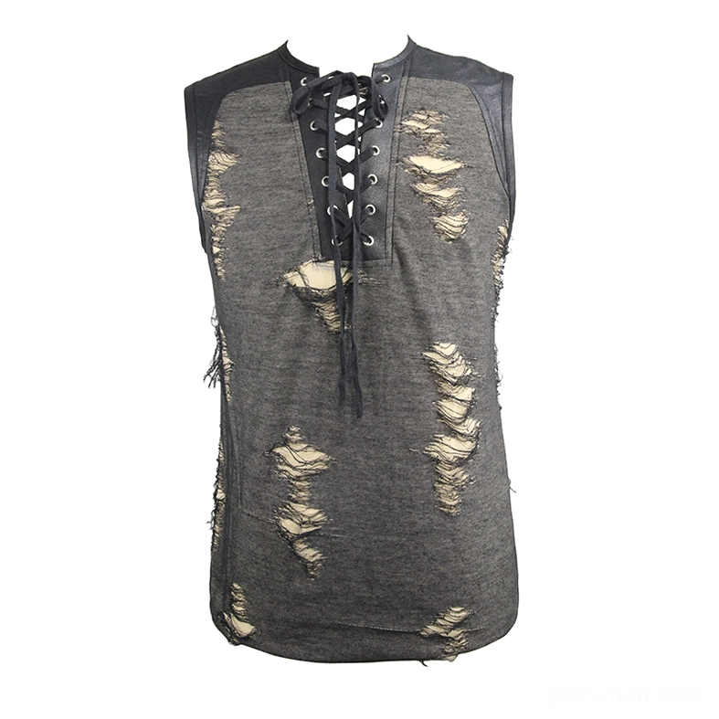 Alternative mens distressed tank top with crisscross lace neckline and strategic ripped hole placement