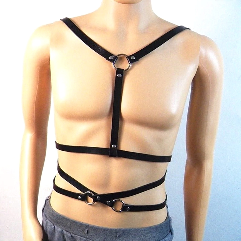 Men's black leather harness with layered waist straps and industrial metal O-ring centerpiece front view
