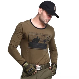 Men's Army Green Gothic Combat Sweatshirt with tactical graphic print, featuring black crew neck binding and long sleeves, worn with black baseball cap and fingerless gloves in studio setting