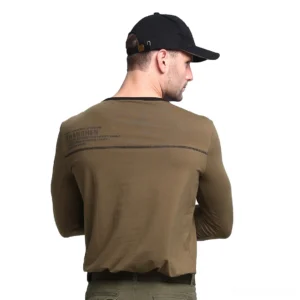 Rear view of men's army green military tactical sweatshirt showing back graphic print and solid body construction