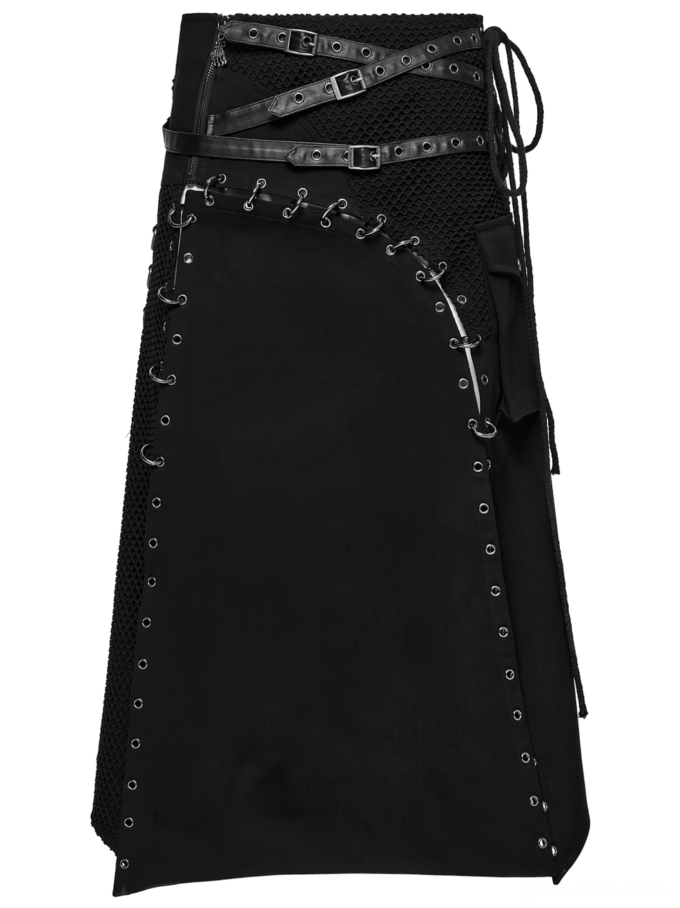 Black Gothic Skirt for Men - Front Flat Lay View Displaying Asymmetrical Cut and Side Utility Pocket Detail