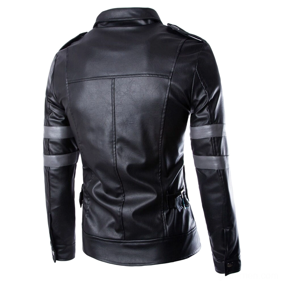 Black PU leather motorcycle jacket back view with shoulder epaulets, grey sleeve stripes, and waist adjustment buckles
