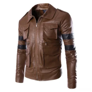 Brown PU leather motorcycle jacket flat lay front view showing shoulder epaulets, black sleeve stripes, and flap pockets detail