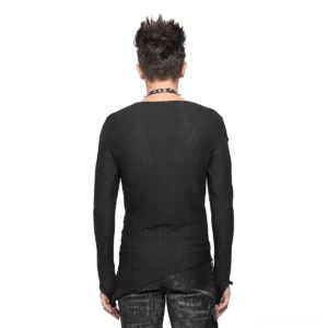 Black mesh gothic punk sweatshirt back view showing asymmetric hem and see-through fabric texture