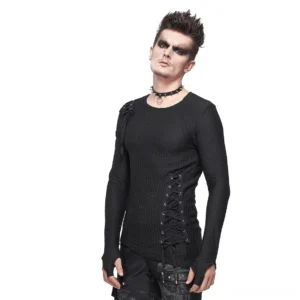 Men's black asymmetric mesh lace-up gothic punk sweatshirt front view with lace-up details and fingerless cuffs