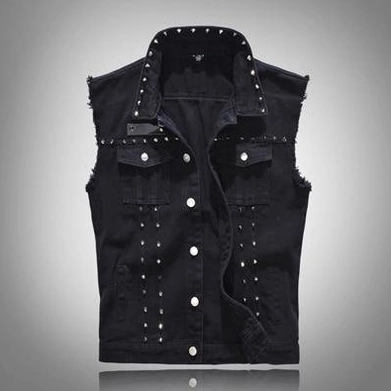 Front facing black studded denim gothic vest with flap pockets and spike studs