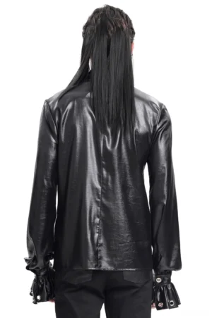 Black eyelet leather gothic shirt rear view - fitted back panel with long sleeves on male model