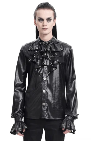Men's black eyelet leather gothic shirt with ruffled collar - front full-body view on male model with gothic makeup