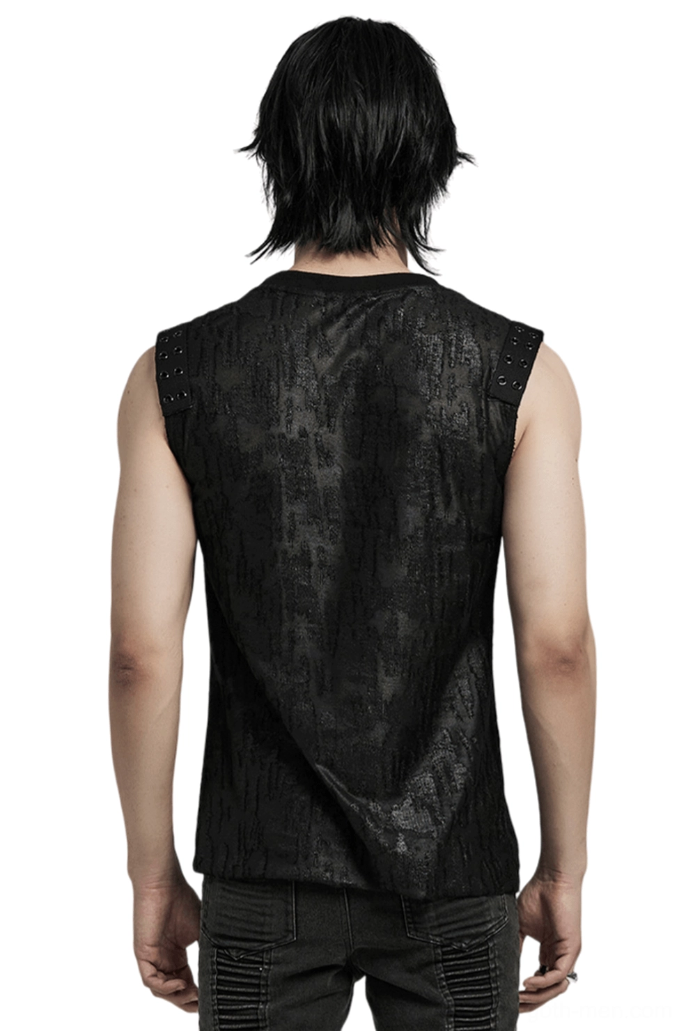 Men's black gothic tank top rear view on model - distressed fabric with studded shoulder detail