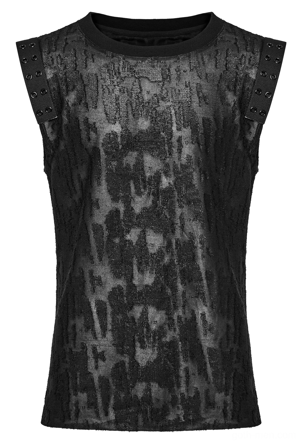 Men's black gothic tank top flat lay front view - crew neck and studded eyelet shoulder straps detail