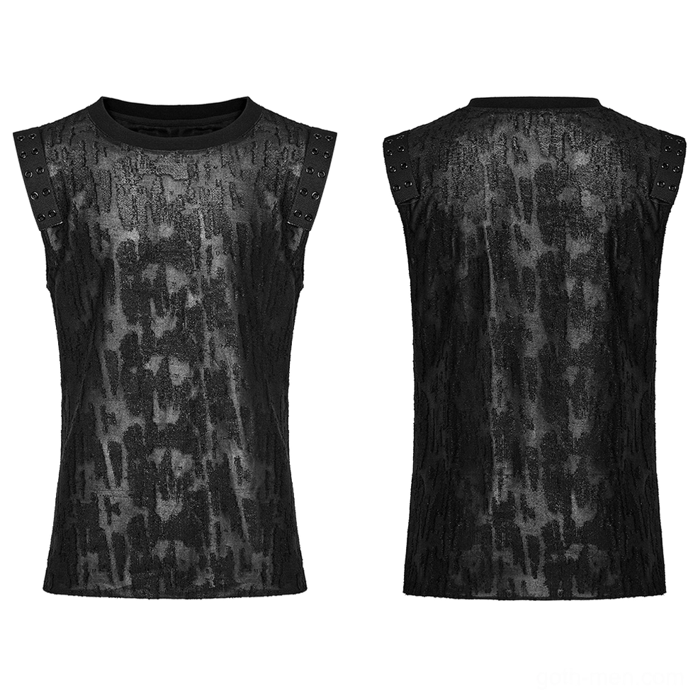Front and back flat lay of men's black distressed eyelet tank top - gothic sleeveless design with studded details