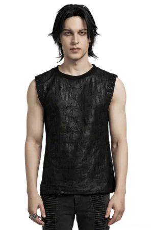 Men's black distressed eyelet tank top front view on model - gothic sleeveless tank with studded shoulder straps