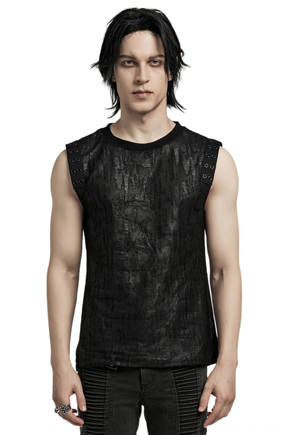 Men's black distressed eyelet tank top front view on model - gothic sleeveless tank with studded shoulder straps