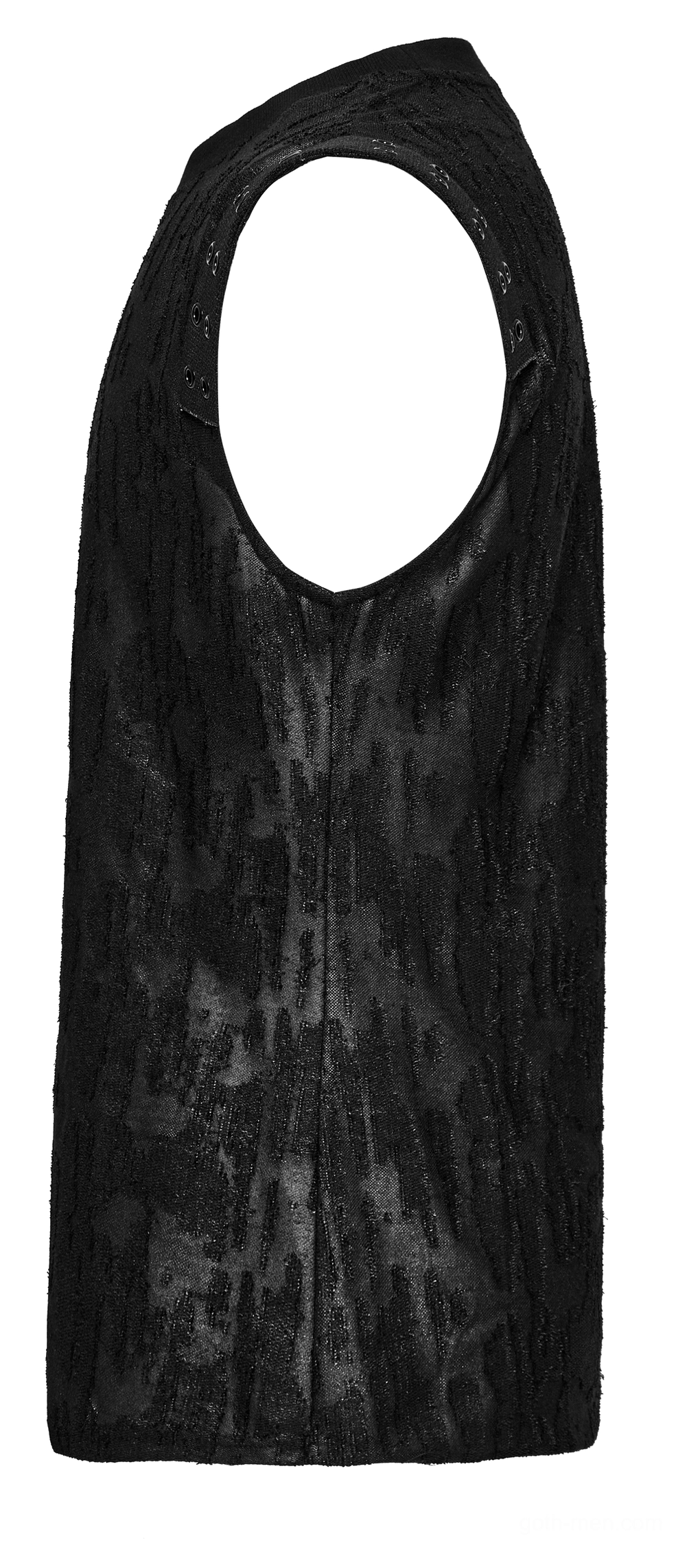 Men's black distressed tank top hanging display - slim fit gothic sleeveless piece with sheer cracked fabric