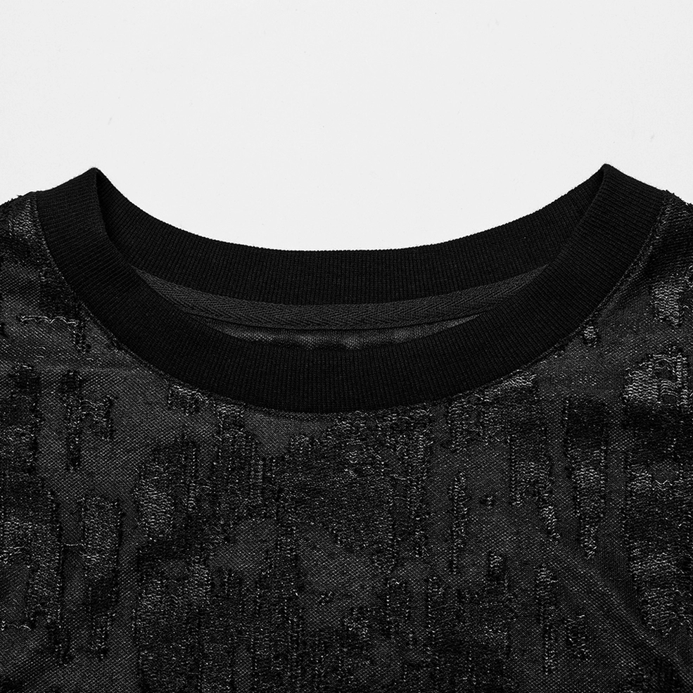 Men's black eyelet tank top neckline close-up - ribbed crew neck and distressed black fabric texture detail