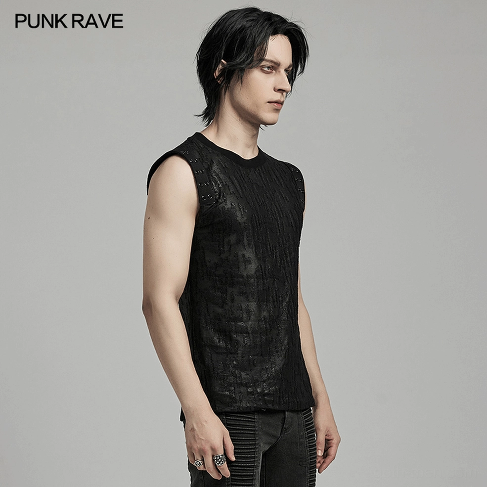 Men's black gothic eyelet tank top product shot - full view of slim fit sleeveless tank with distressed fabric