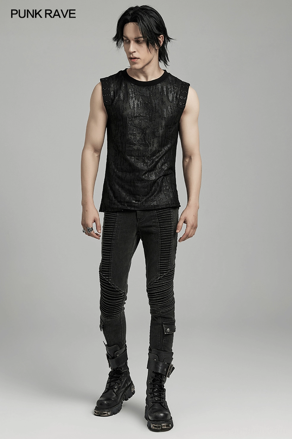 Men's black eyelet tank top quality view - distressed and studded gothic sleeveless tank top design