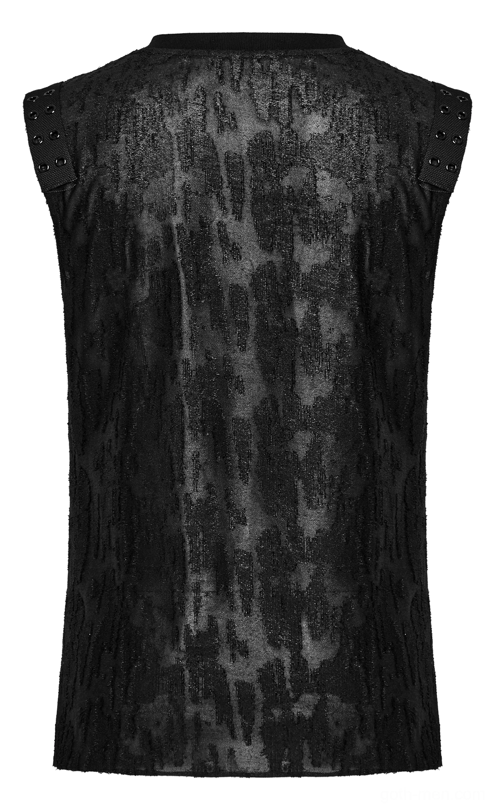 Men's black gothic tank top rear flat lay view - distressed texture with studded shoulder strap detail