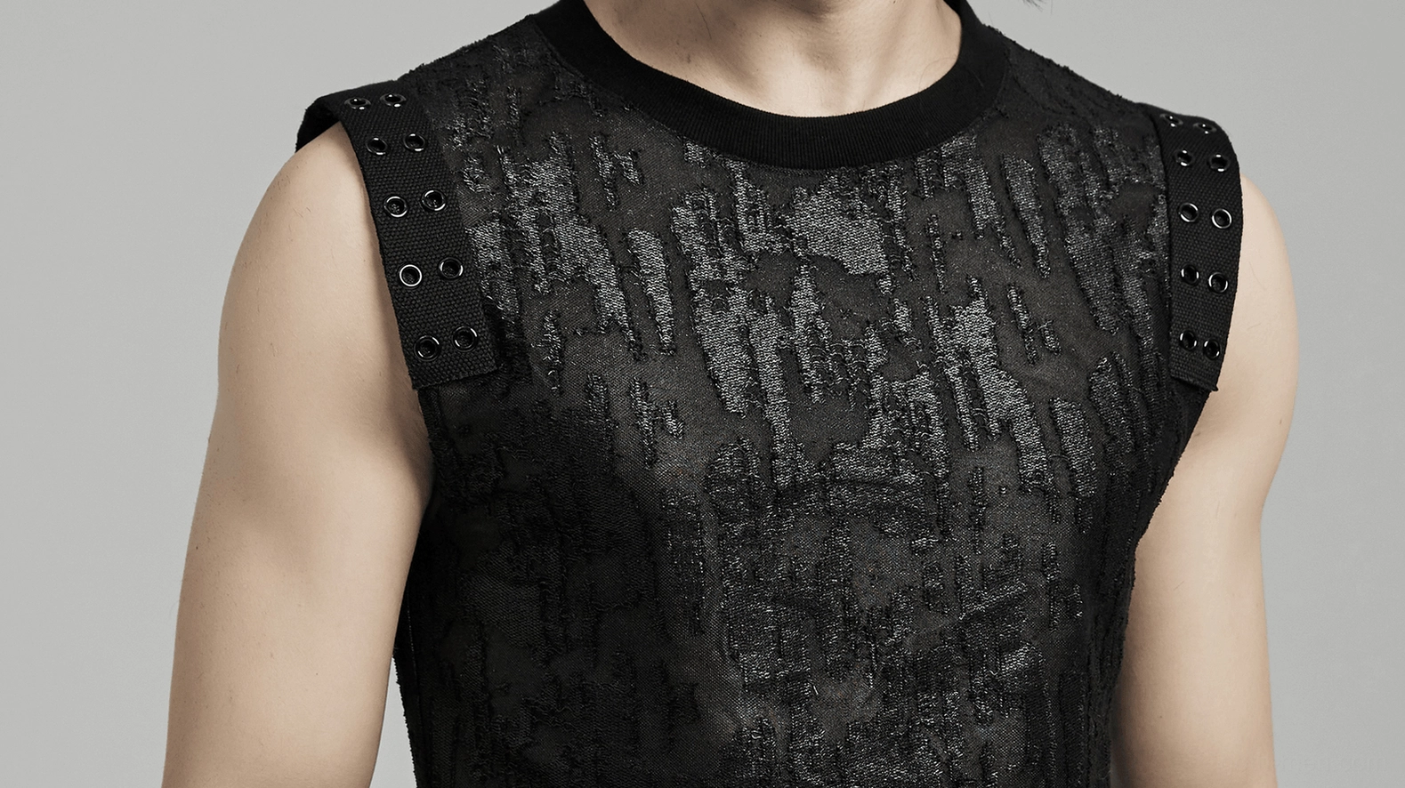 Men's black distressed eyelet tank top alternative streetwear - gothic sleeveless tank with cracked texture