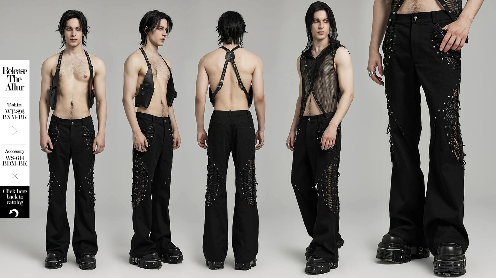 Black alternative fashion mens flare pants with lace-up rivet mesh accents styling