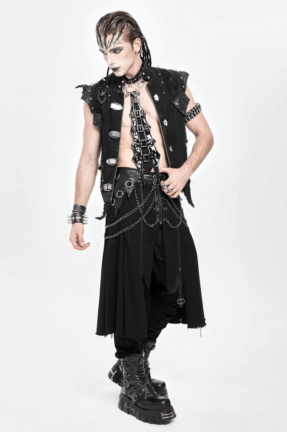 Men's black gothic chain skirt alternative fashion kilt industrial details