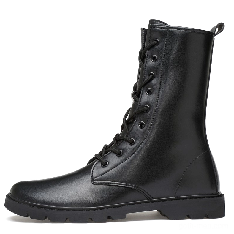 Black gothic lace-up combat boots for men – genuine leather high-top ankle boot with round toe design