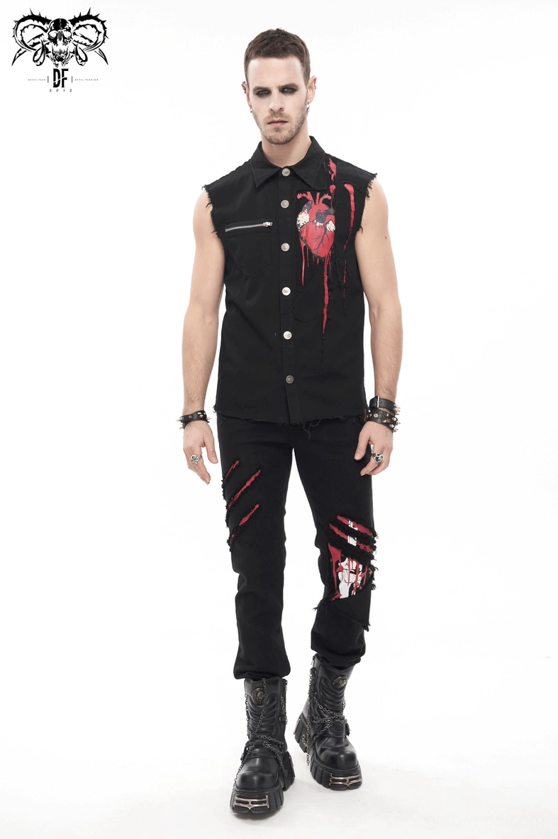 Men's black gothic distressed pants showing fitted silhouette and distressed tear construction details