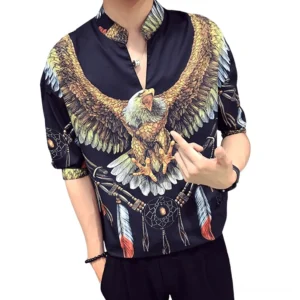 Men's black gothic eagle dreamcatcher stand collar shirt front view with vibrant print