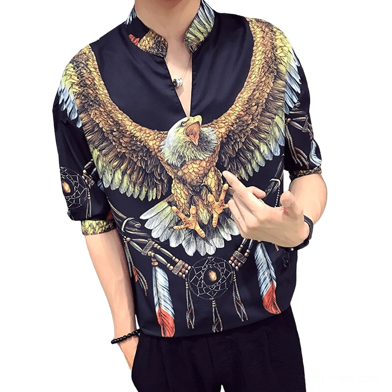 Men's black gothic eagle dreamcatcher stand collar shirt front view with vibrant print