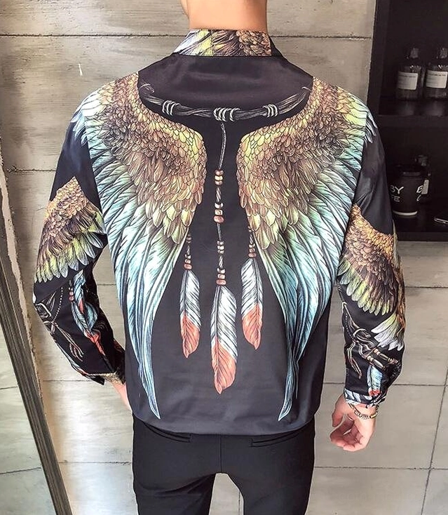 Male model in black gothic eagle dreamcatcher shirt alternative fashion styling