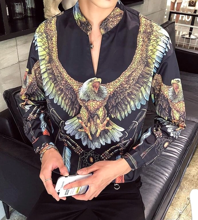Black gothic eagle tribal print shirt front view with full design on model