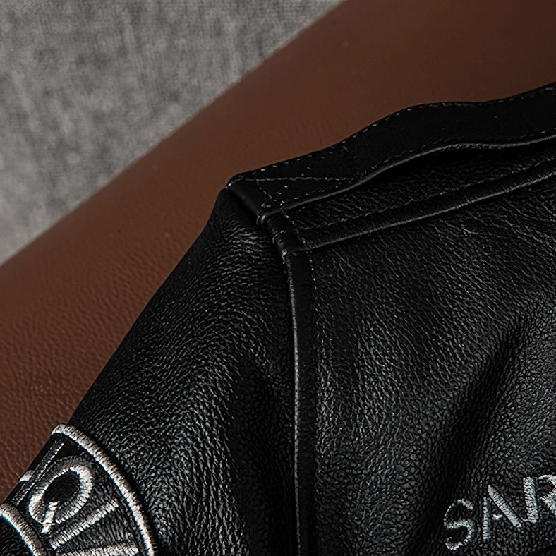 Men's black genuine leather gothic jacket front view studio photography flat lay