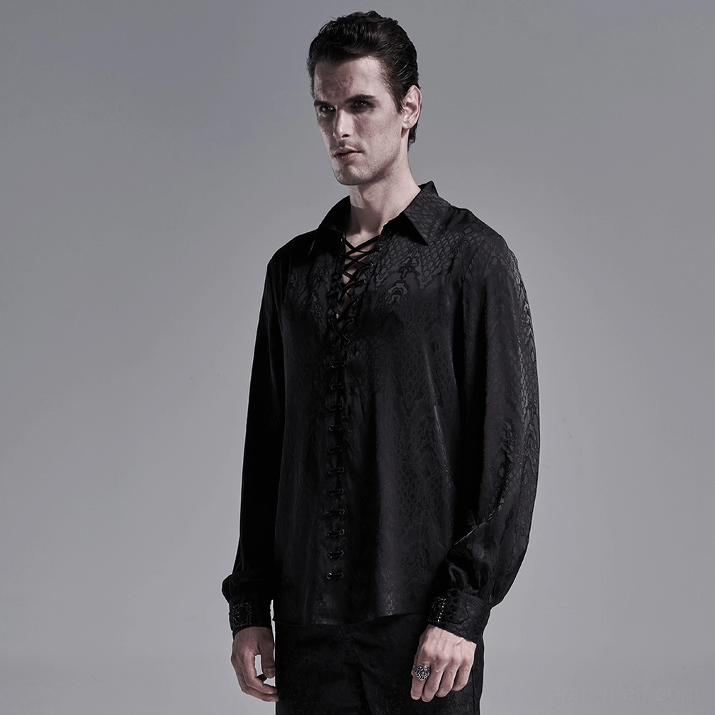 Men's black velvet lace-up gothic jacquard shirt additional angle view on model