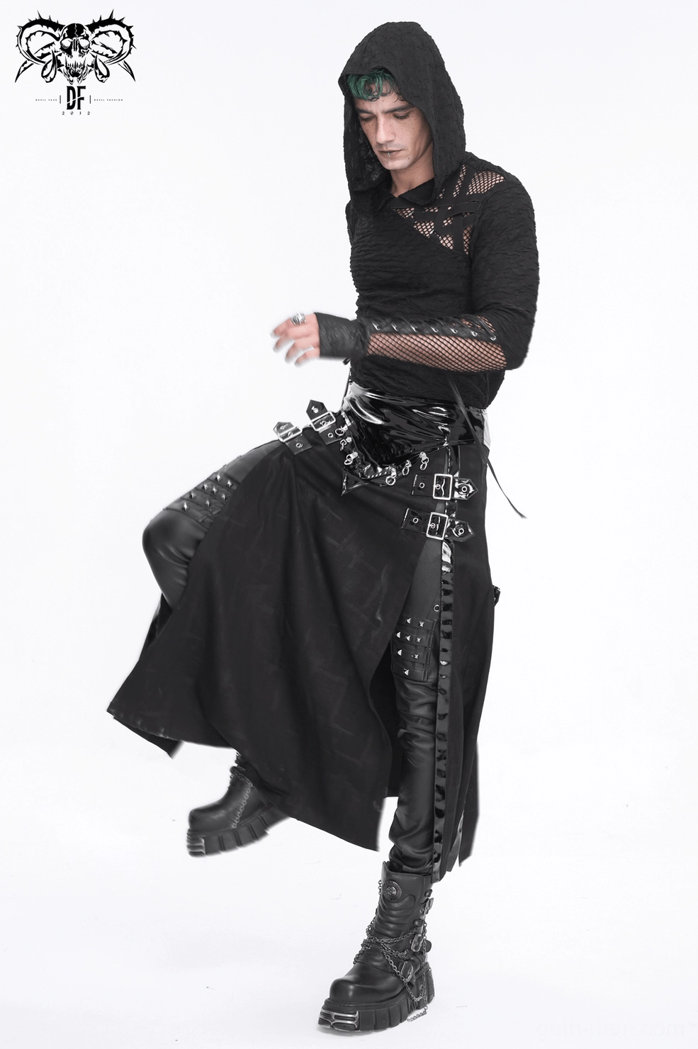 Black gothic men's kilt with all embellishments - goth fashion statement piece
