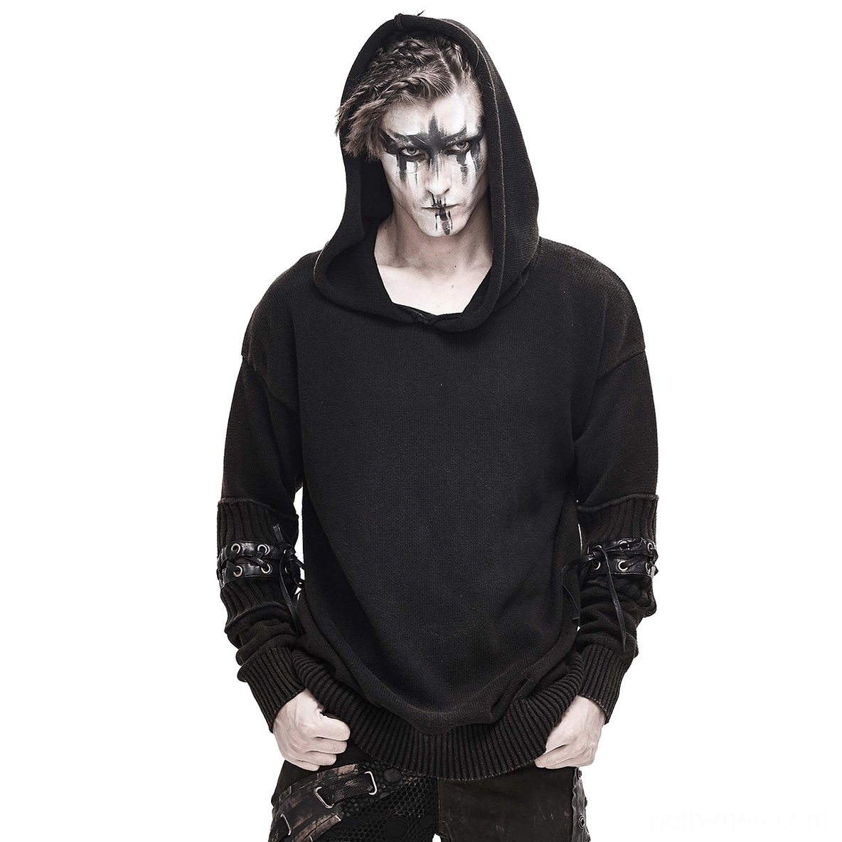Black gothic steampunk hooded sweater for men with lace-up rivet sleeve details, front three-quarter view on model with alternative styling