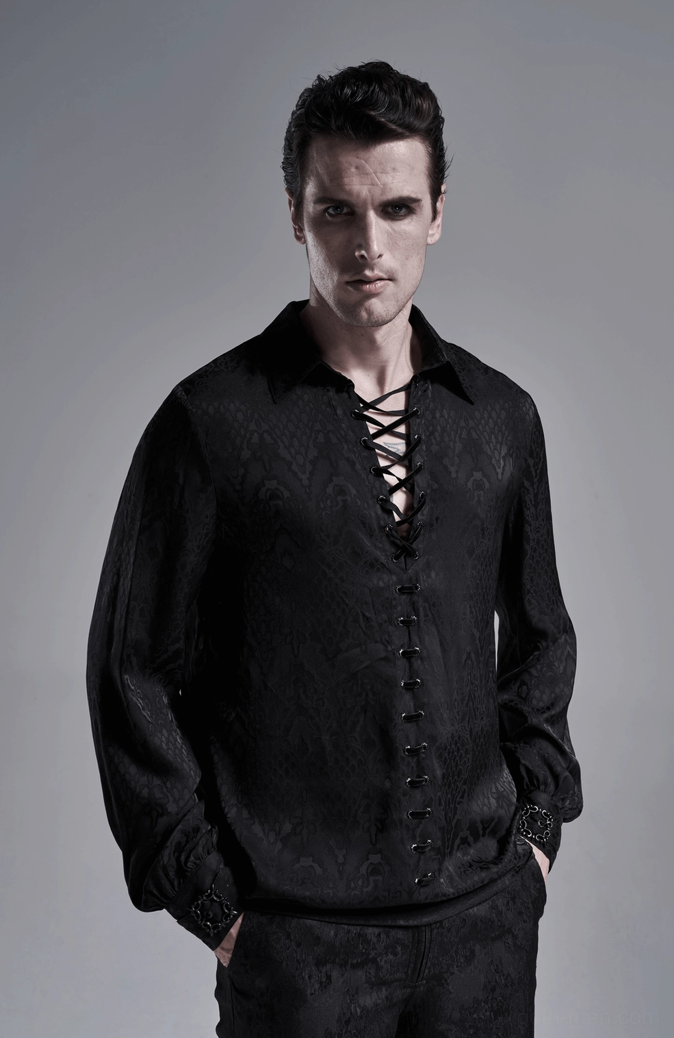 Men's black gothic jacquard lace-up shirt model wearing detail shot