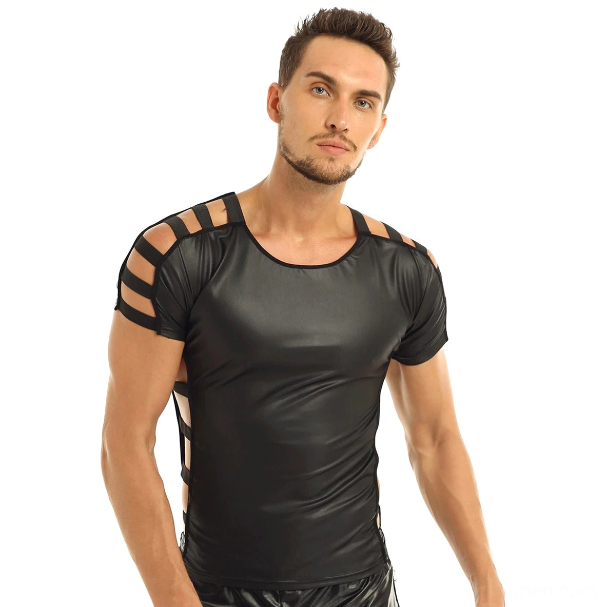 Men's black faux leather gothic club t-shirt standard front view with short sleeves and fitted cut