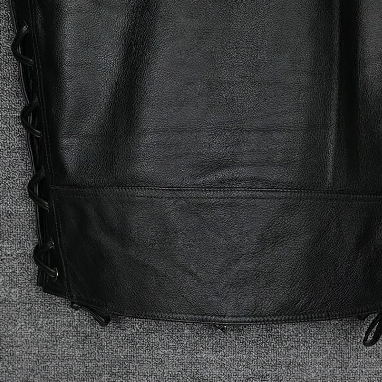 Men's black genuine leather gothic collarless vest styled with visible inner construction, showing overall waistcoat silhouette and lacing system